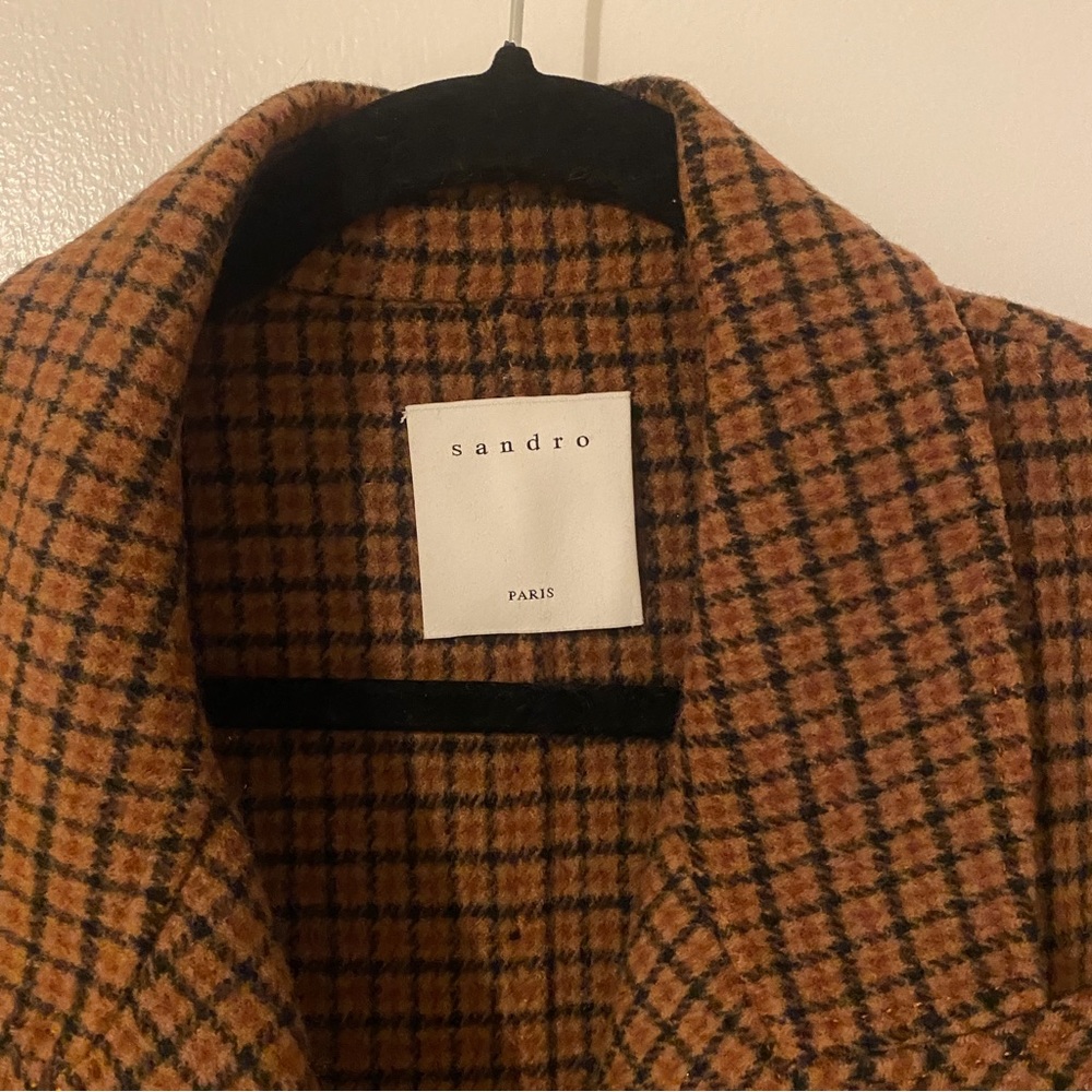 Sandro Brown Black Plaid Wool Coat